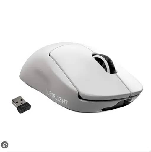 The original white wireless mouse and its USB receiver